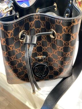 Mario Valentino Black and Brown Logo Drawstring Hobo/ Bucket Bag GC